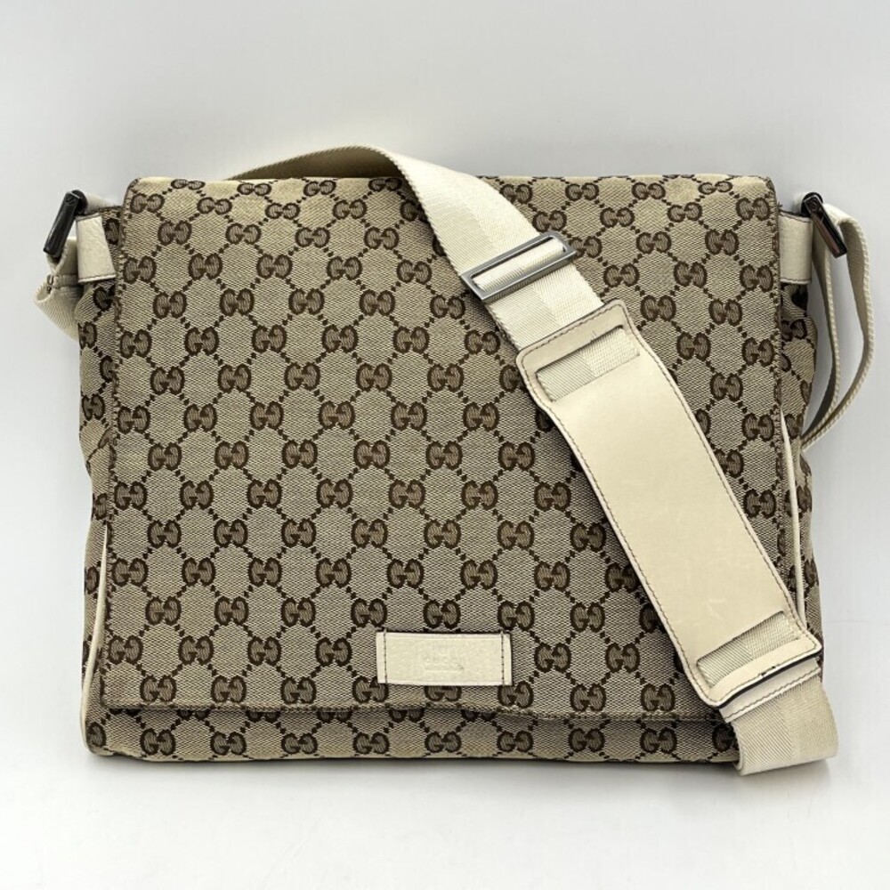 GUCCI GG Canvas Messenger Bag Beige Leather Crossbody